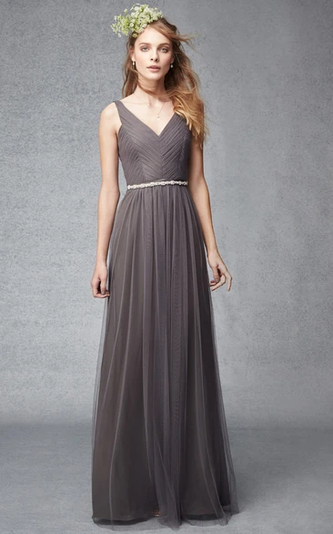 Sheath V-Neck Ruched Tulle Bridesmaid Dress with Waist Jewelry Floor-Length