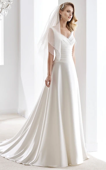 Satin V-Neck Draping Wedding Dress with Pleated Bodice and Brush Train Modern Wedding Dress Women's Unique