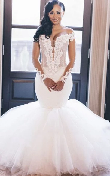 Off-the-Shoulder Mermaid Lace Tulle Wedding Dress with Short Sleeves