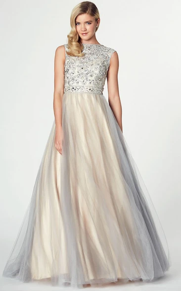 Tulle and Satin A-Line Prom Dress with Beaded Jewel and Low-V Back