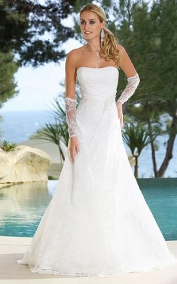 Strapless A-Line Lace Wedding Dress with Draping and Broach