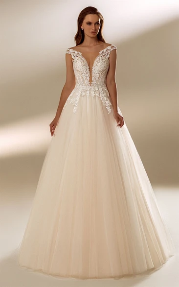 Plunging Neckline Ball Gown with Appliques Elegant Wedding Dress