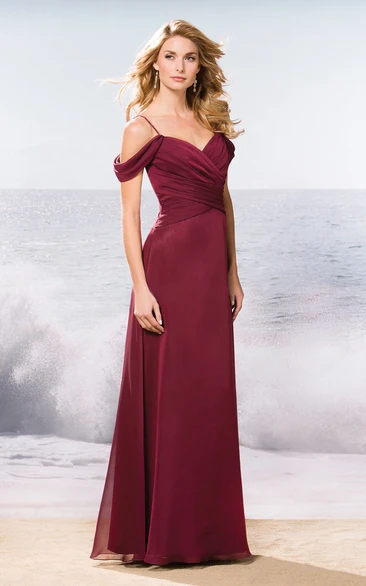 A-Line Bridesmaid Dress with Crisscross Ruching Long Spaghetti Straps V-Neck