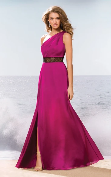 Long Bridesmaid Dress with One-Shoulder Lace Detail and Front Slit