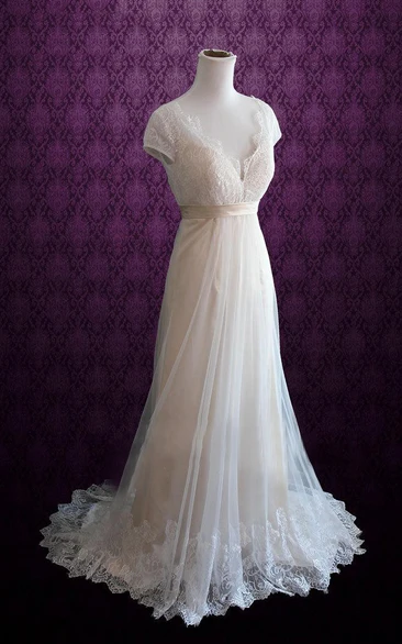 Short Sleeve Lace and Tulle Dress with Sash and Bow for Weddings