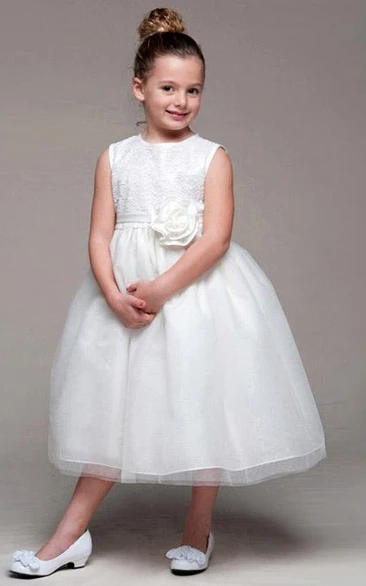 Flower Girl Dress Tea-Length Tulle&Sequins with Floral Embroidery