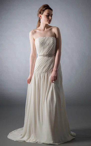 Chiffon Wedding Dress Maxi Strapless Ruched Bowed Sweep Train