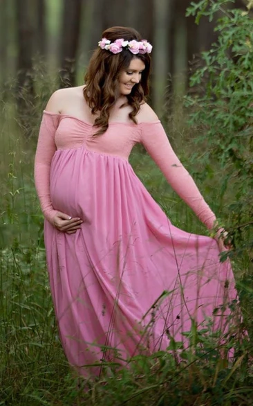 A-line Chiffon Lace Off-the-shoulder Maternity Dress with Long Sleeves