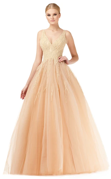 Ball Gown Elegant V-neck Tulle Floor-length Formal Dress Elegant Tulle Formal Dress with V-neck and Floor-length