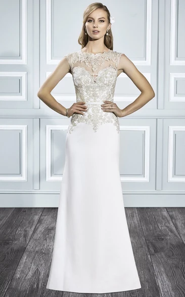 Jewel Appliqued Sheath Wedding Dress with Keyhole Back and Sweep Train