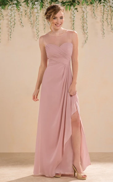 Cap-Sleeved A-Line Bridesmaid Dress with Illusion Keyhole Back and Side Slit Unique Dress