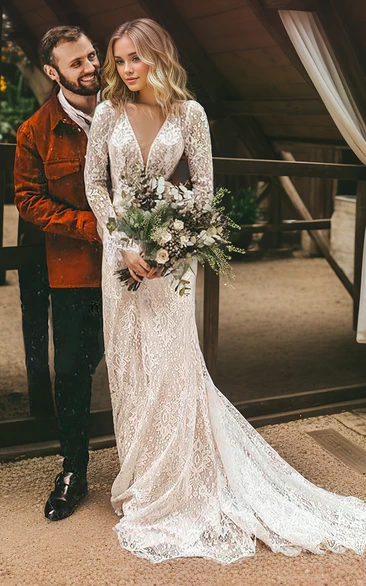 Vintage Floral Lace Bohemian Long Sleeve V-neck A-Line Wedding Dress with Keyhole Back