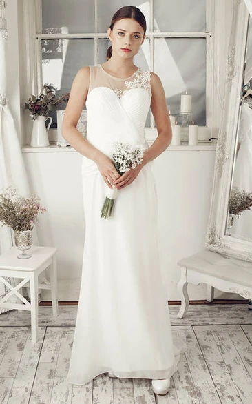 Criss-Cross Illusion Back Chiffon Sheath Wedding Dress with Appliques