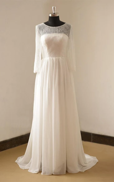 A-Line Chiffon Wedding Dress with Open Back and Long Sleeves for Women