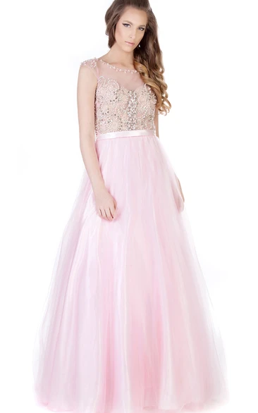 Cap-Sleeve A-Line Tulle&Satin Prom Dress with Beaded Scoop-Neck and Ribbon