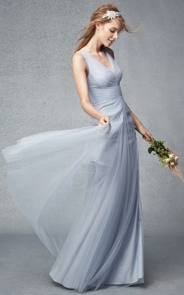 Sleeveless V-Neck Ruched Tulle Bridesmaid Dress with Pleats Floor-Length