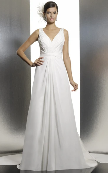 Ruched Chiffon Wedding Dress with Court Train and Illusion V-Neckline and Long Length