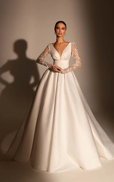 Romantic Ball Gown Satin Bridal Gown with Ruching and Belt