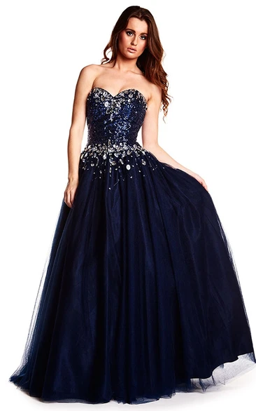 Crystal Sweetheart A-Line Tulle Prom Dress with Sleeveless Design