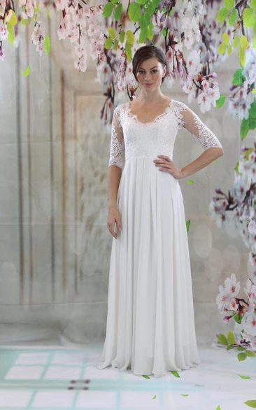 Pleated Lace and Chiffon Wedding Dress with Half Sleeves and V-Neck