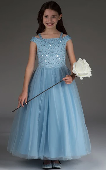 Off Shoulder Tulle Flower Girl Ball Gown with Crystal Bodice and Straps Boho and Chic
