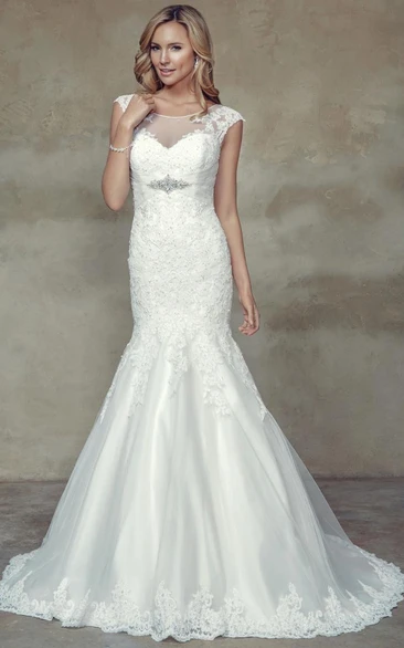 Jeweled Lace Wedding Dress with Illusion Cap-Sleeves and Scoop-Neck Trumpet Maxi