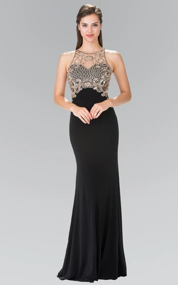 Jewel-Neck Sleeveless Jersey Formal Dress with Beading Sheath Long