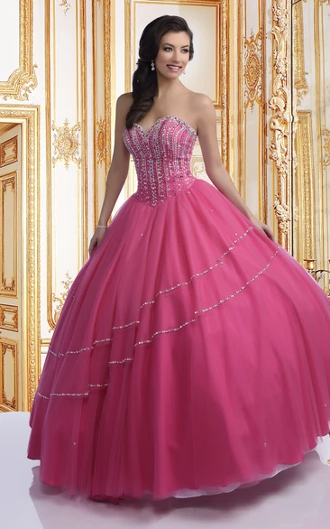 Tulle Ball Gown with Asymmetrical Beaded Lines Prom Dress