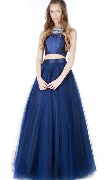 A-Line Sleeveless Beaded Tulle Prom Dress With Pleats Elegant Beaded Tulle Prom Dress