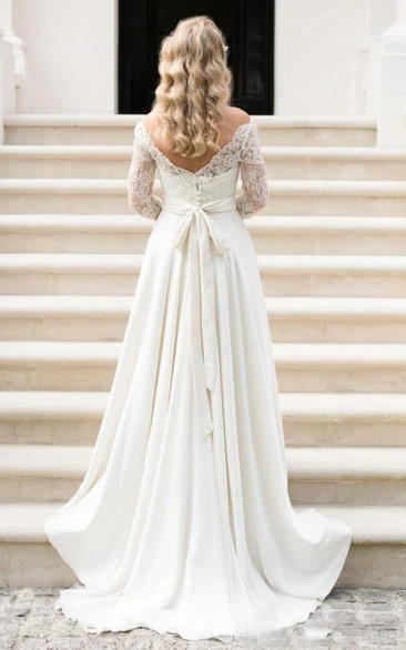 Chiffon A-Line Wedding Dress with Bateau Neckline and Lace Details