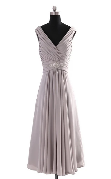 Ruffled Empire Chiffon Dress with Sleeveless V-neckline for Women