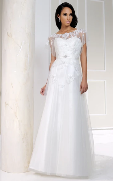 Appliqued Tulle Sweetheart Wedding Dress with Satin Floor-Length
