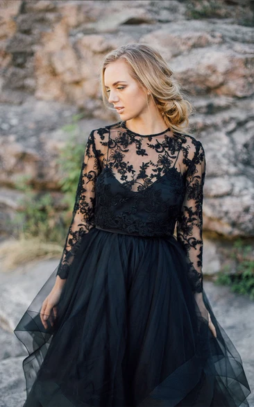Long Sleeve Floor-length Scoop Appliques Lace Sash Black Wedding Dress