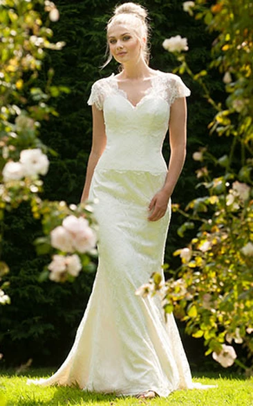 Lace Appliqued Cap-Sleeve Wedding Dress with V-Back V-Neck Style