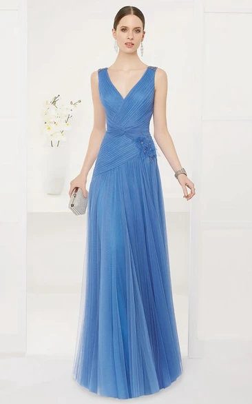 Crystal Back Straps A-Line Tulle Prom Dress Long Elegant Prom Dress with V Neck