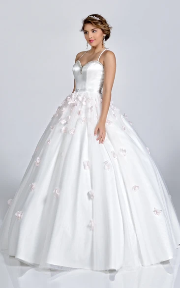 Satin Ball Gown with Petals Sweetheart Spaghetti Straps