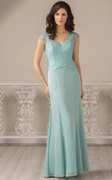 Pleated V-Neck Mother of the Bride Dress with Cap-Sleeves and Long Gown