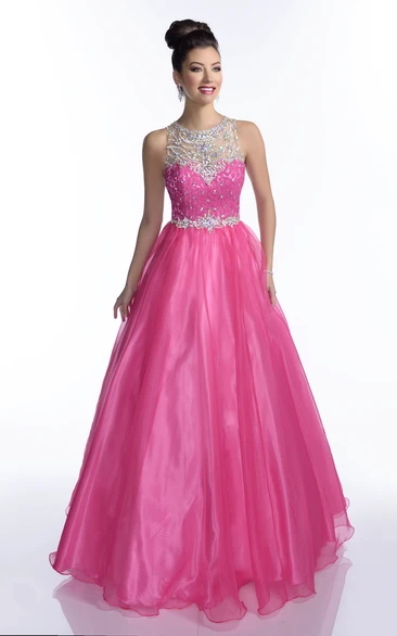 Tulle A-Line Sleeveless Prom Dress with Lace Bodice and Rhinestones Shining Prom Dress