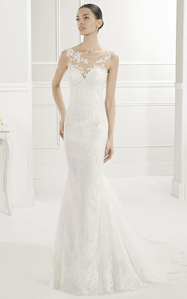 Sheath Lace Wedding Dress with Scoop Neck and Appliqued Illusion Back