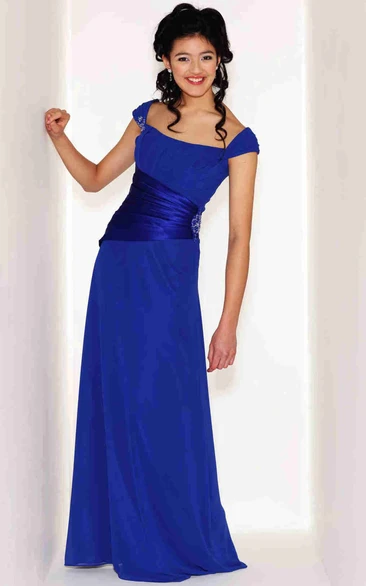 Cap-Sleeve Chiffon Bridesmaid Dress with Ruched Bodice Long and Strapless