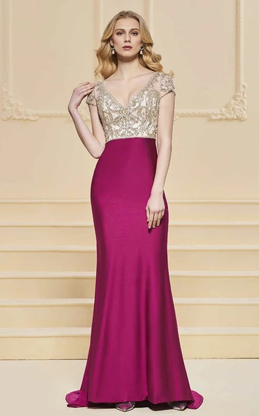 Illusion Beaded Satin Sheath Prom Dress with Plunging Neckline