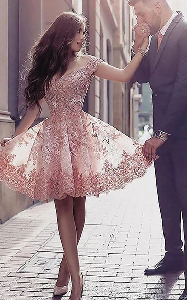 Off-the-shoulder Lace A-line Homecoming Dress with Pleats and Ruffles