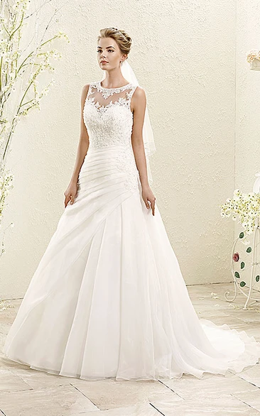 Appliqued Wedding Dress with Side Draping A-Line Sleeveless Dress