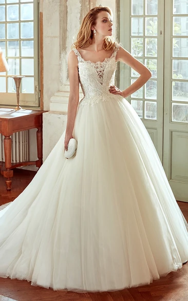 A-Line Wedding Dress with Lace Bodice and Puffy Tulle Skirt Classic Wedding Dress Women