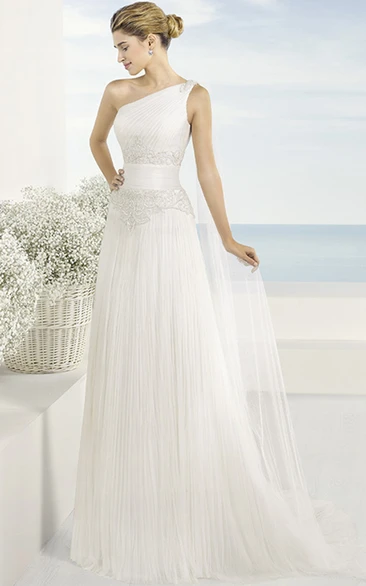 Scoop-Neck Beaded Tulle Wedding Dress Sleeveless & Floor-Length