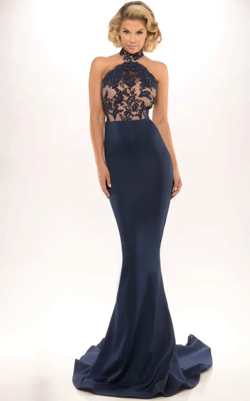 Long Lace Sleeveless Sheath Prom Dress with Backless Style and Brush Train Classy Bridesmaid Dress
