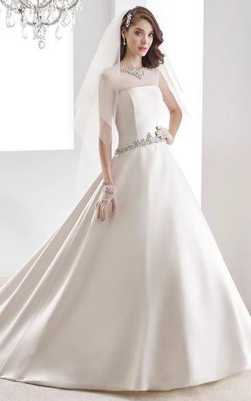 Satin Wedding Dress with Beaded Belt and V-Back A-line