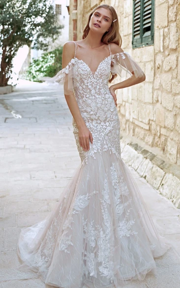 Romantic Tulle Mermaid Wedding Dress with Sweep Train & Short Sleeves