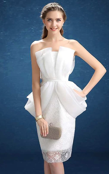 Lace Strapless Ruched Short Formal Dress with Lace-Up Elegant Bridal Gown