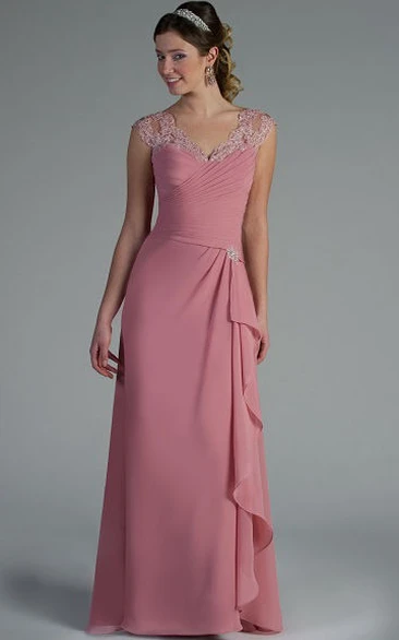 V Neck Cap Sleeve Chiffon Mother of the Bride Dress with Side Drape Appliqued Long